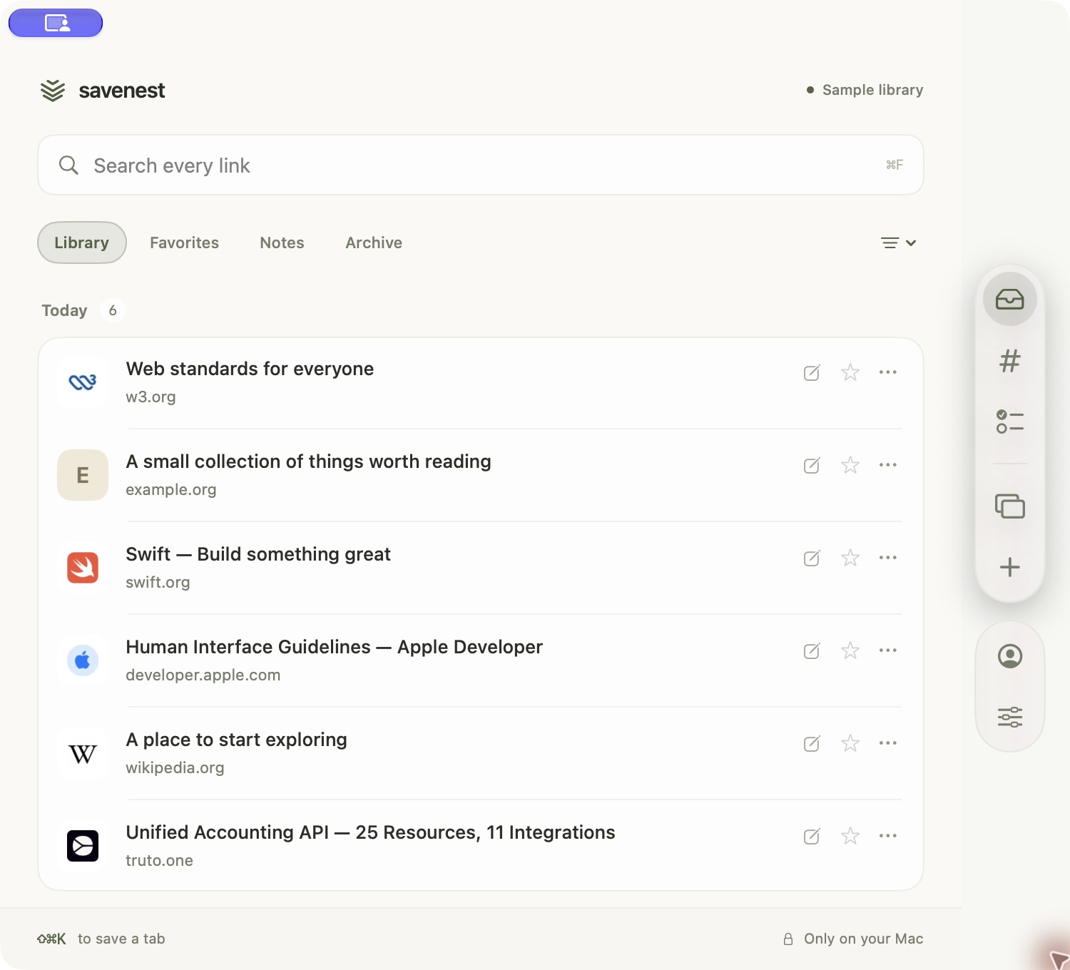 SaveNest’s library, with saved pages organized by day and controls for search, favorites, notes, and archive